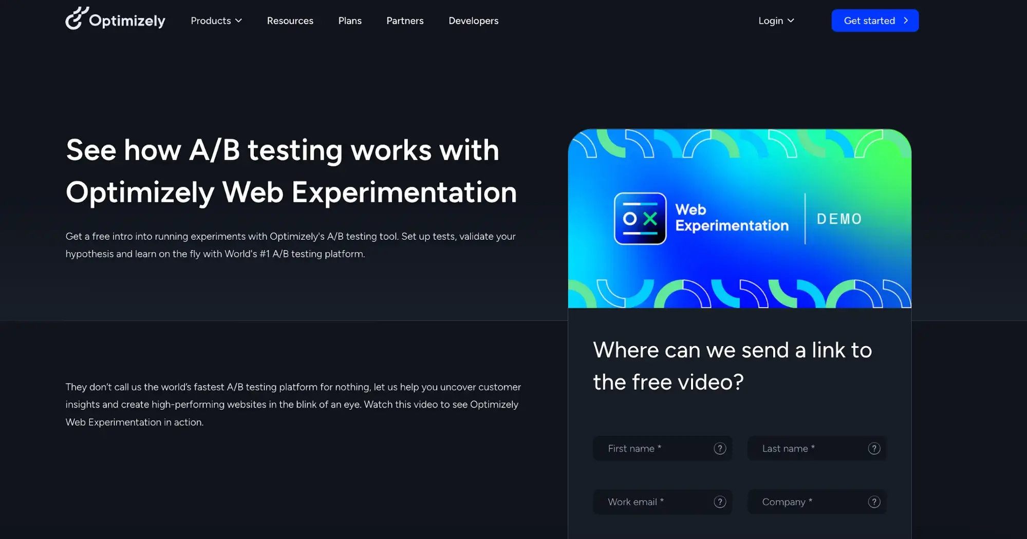 screenshot of optimizely.coms simple landing page for its a/b testing tool. see how a/b testing works with optimizely web experimentation.https://www.optimizely.com/insights/web-experimentation-demo/