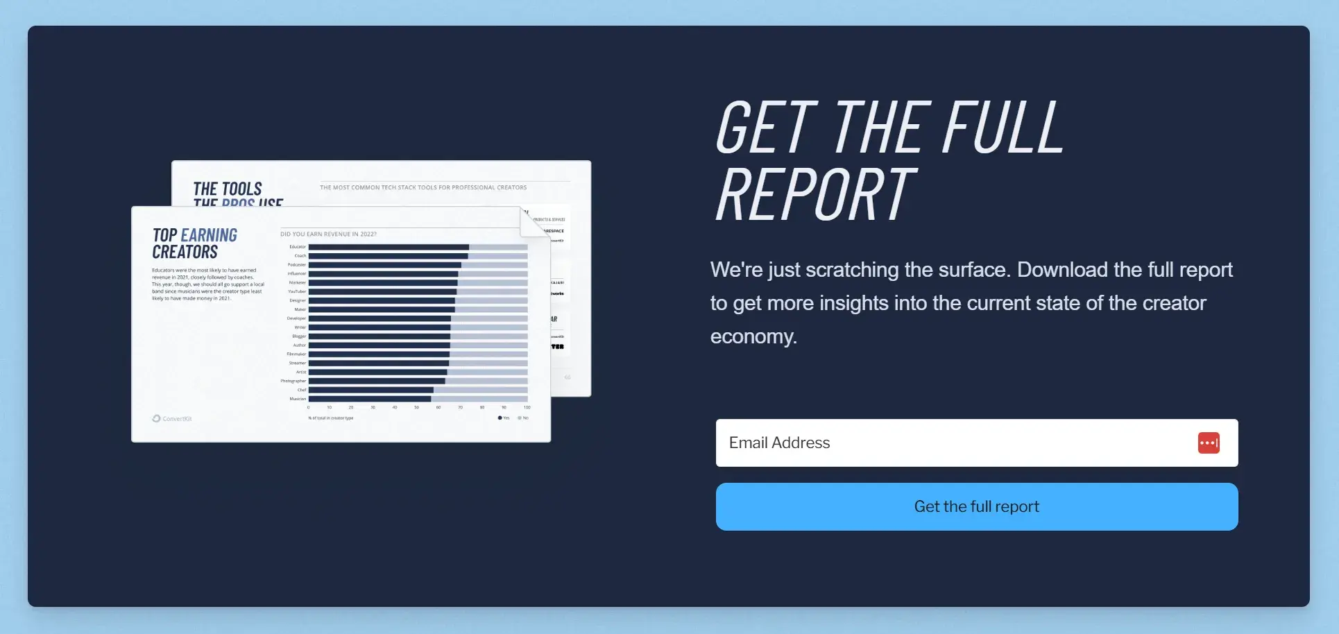 image of a lead form from convertkits landing page prompting visitors to download the full report