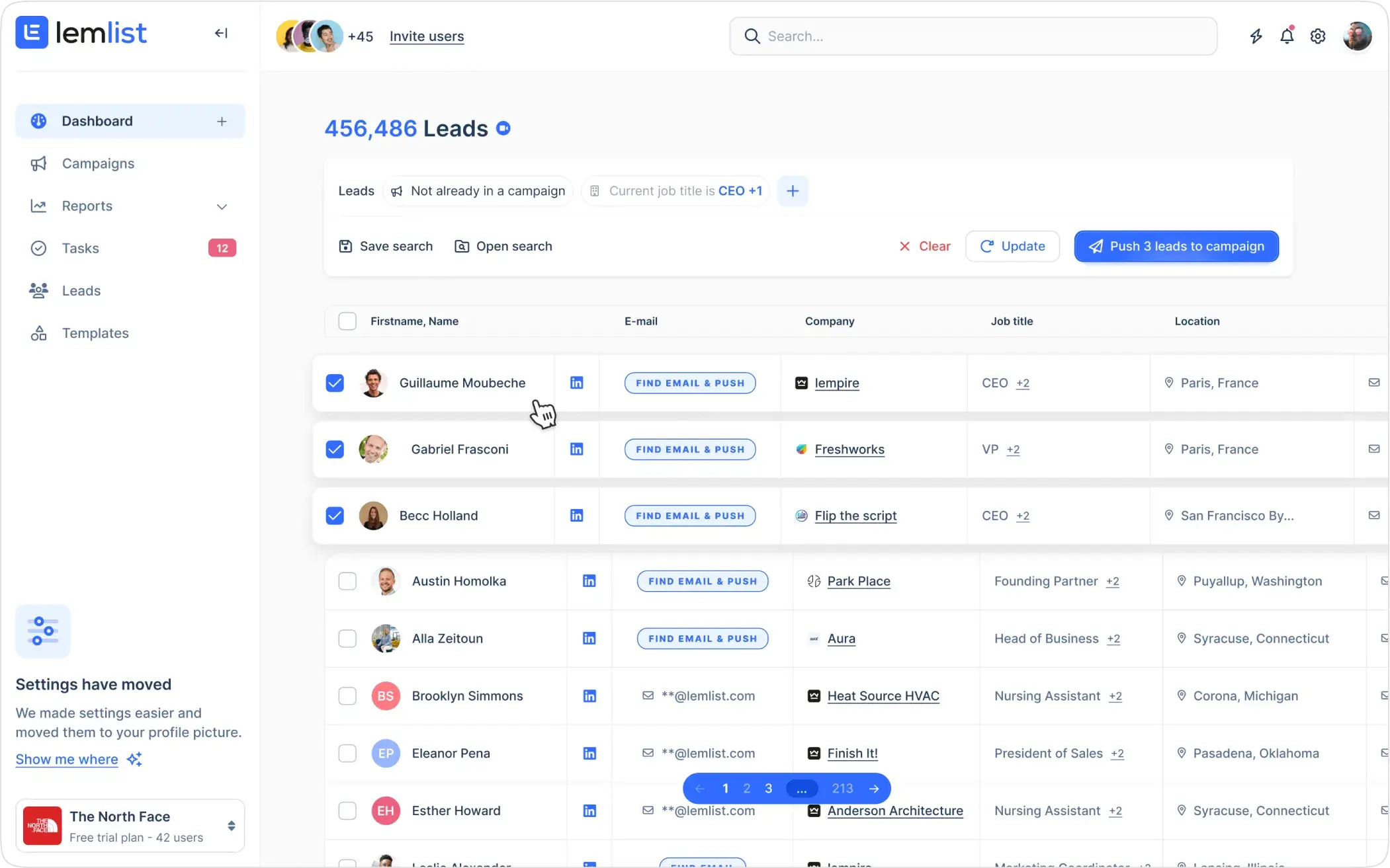 Lemlist cold outreach software dashboard showing lead management with options to find email addresses, add leads to campaigns, and view detailed lead info.