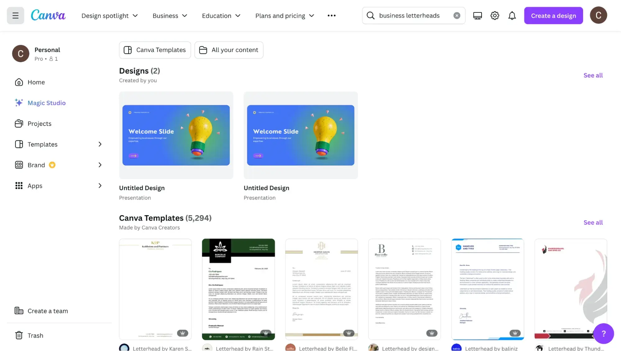 Screenshot of Canvas letterhead templates