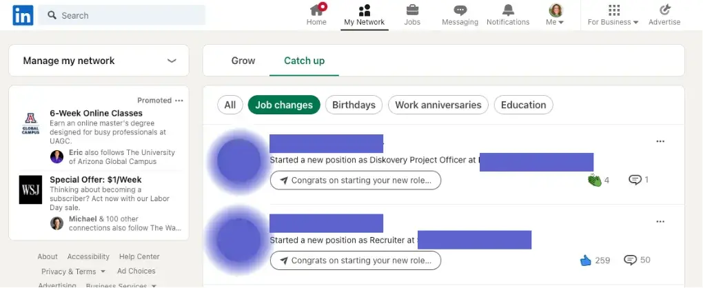 linkedin's 'catch up' section showing job changes, a useful tool for linkedin for sales prospecting.