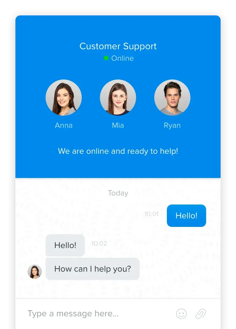 free live chat software: Chaport chat widget showing three online support agents and a customer conversation