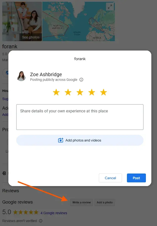screenshot from google demonstrates how you can click “write a review” to generate a shareable link that can be shared with local customers and clients.