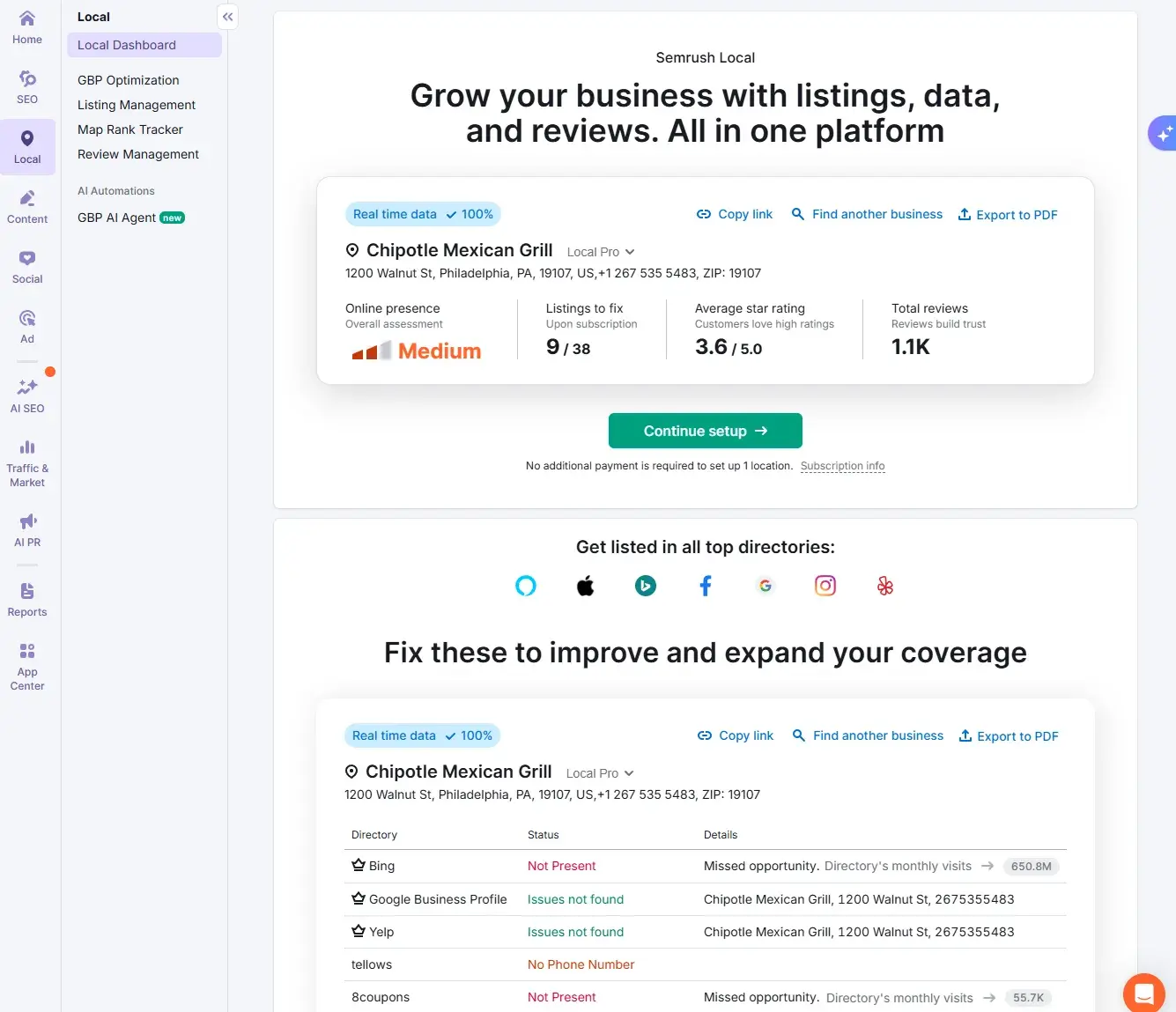 screenshot from my semrush account showing the local seo tool in action. the screenshot displays the nap analysis, highlighting where corrections are needed to optimize local seo.