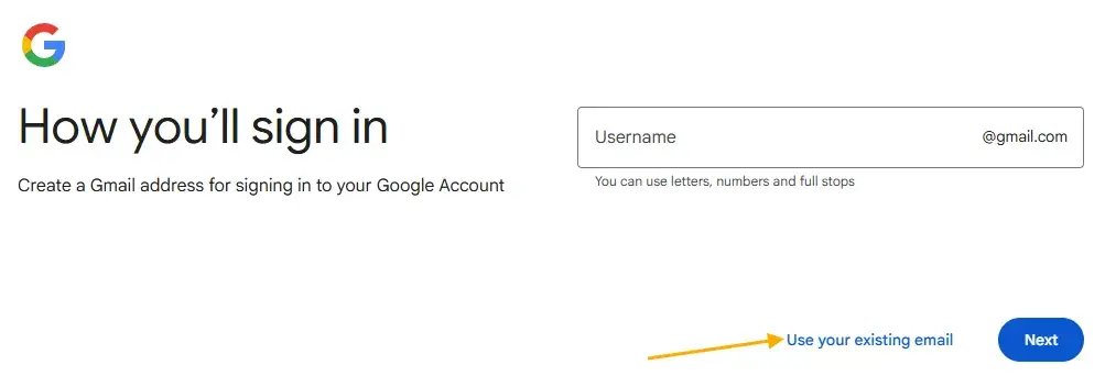 sign up flow for a google account. an arrow points to the “use your existing email” in the bottom left to encourage businesses to manage their google business profiles from a professional email.