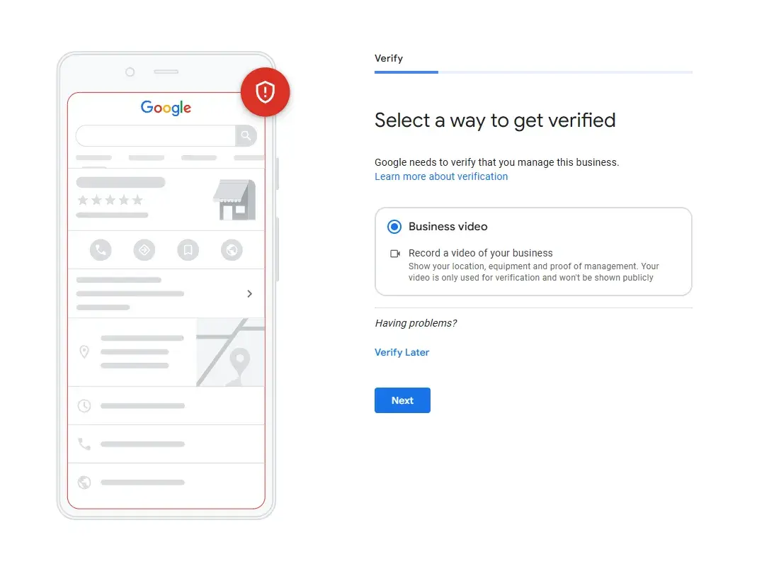 flow screenshot from the sign-up for google business profile showing the disclaimer around verifiable addresses with video.