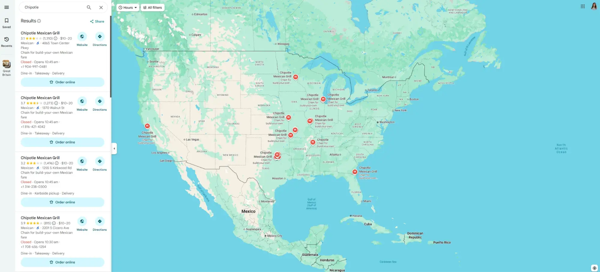local search across the us using google maps. pins represent locations of a popular restaurant chain.