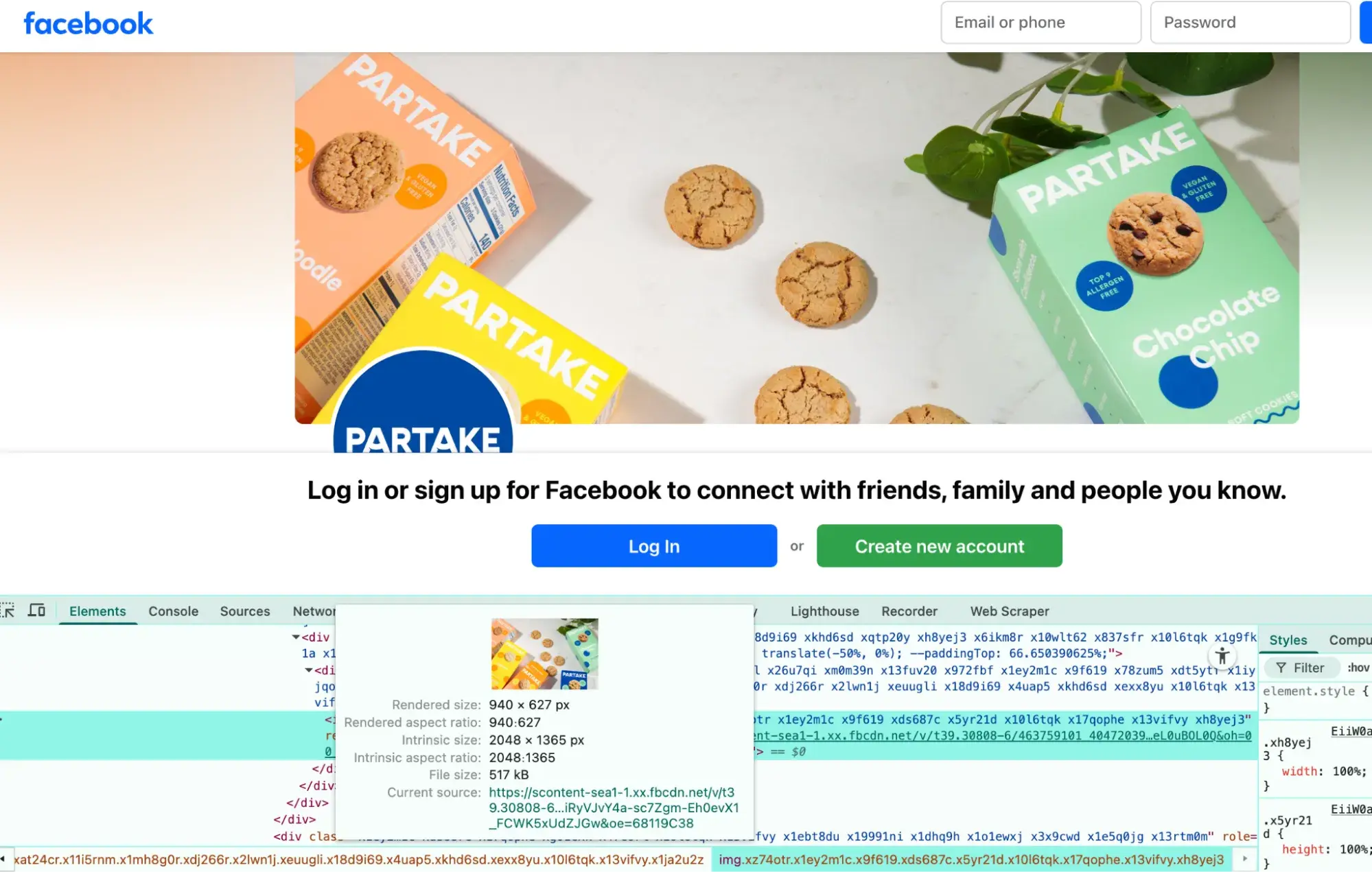partake foods facebook page with inspect tool open