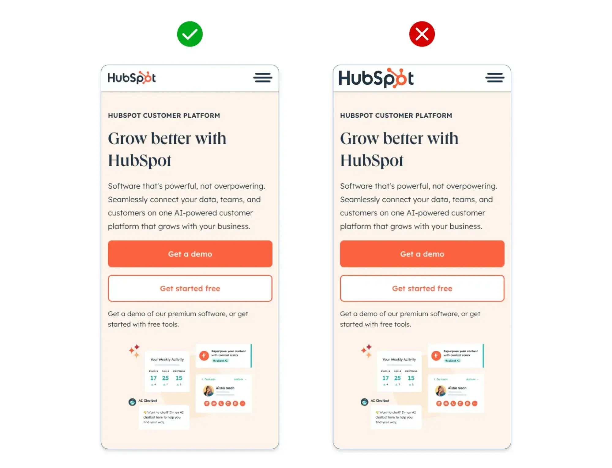 a side-by-side comparison showing the hubspot logo with sufficient space around it and without sufficient space