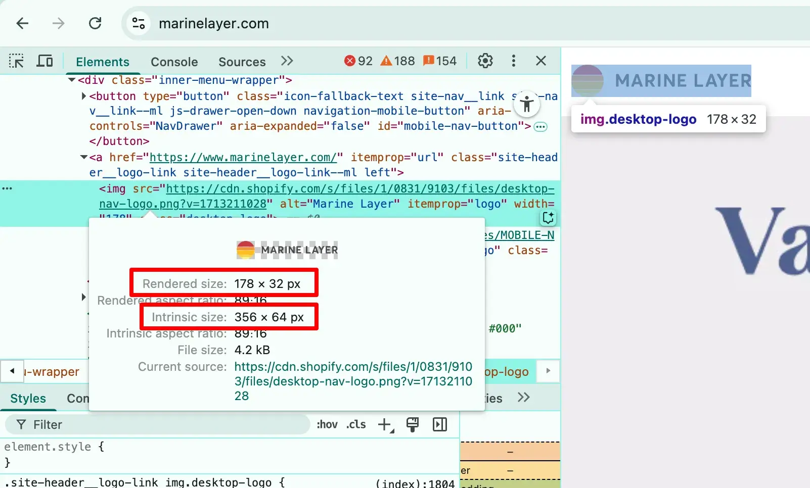 inspect tool on marine layer website shows the logo is rendered size 178 x 32 px and intrinsic size 356 x 64 px
