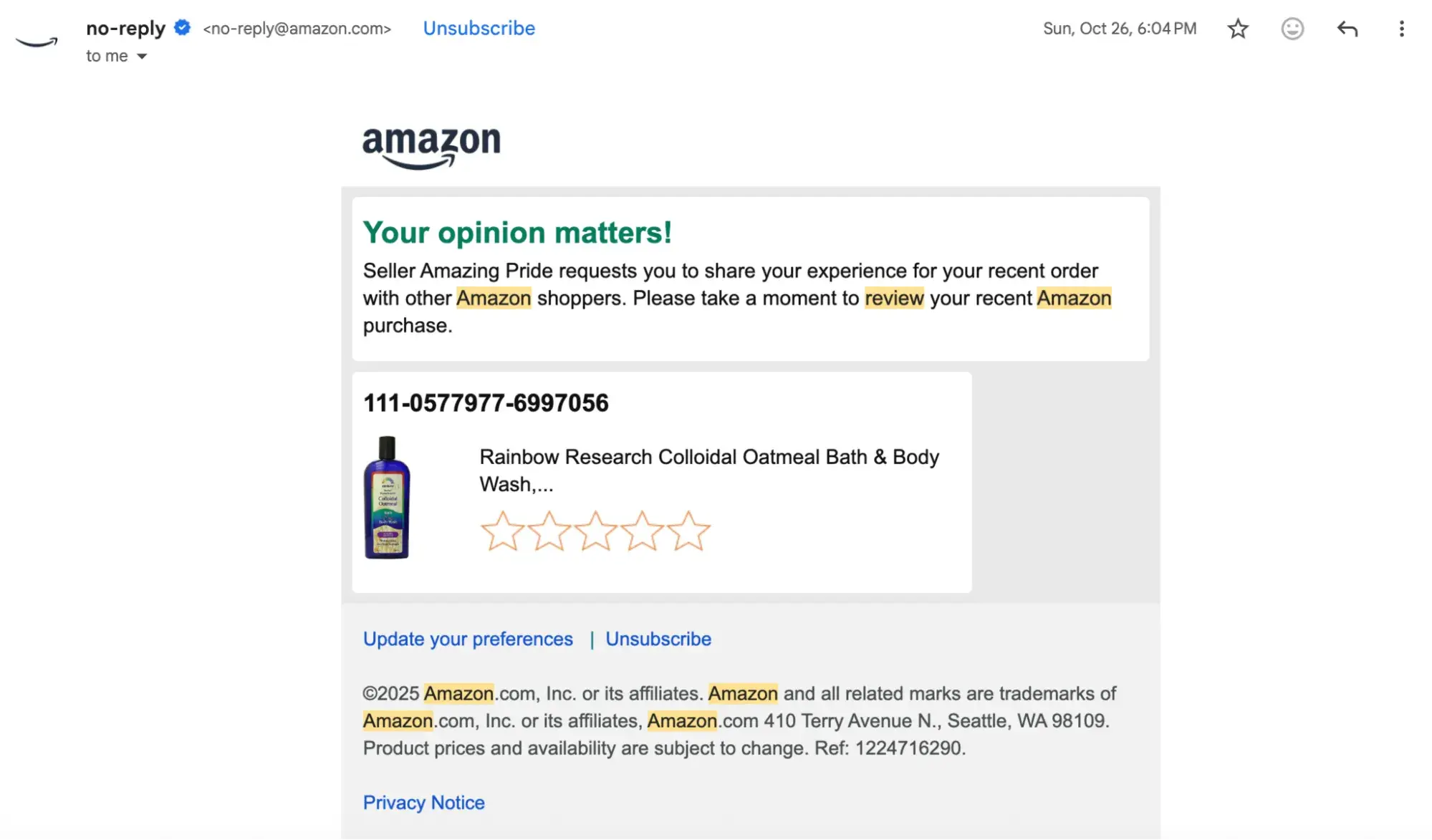  a screenshot of an amazon email requesting a review, highlighting an example of a loop marketing stage in practice