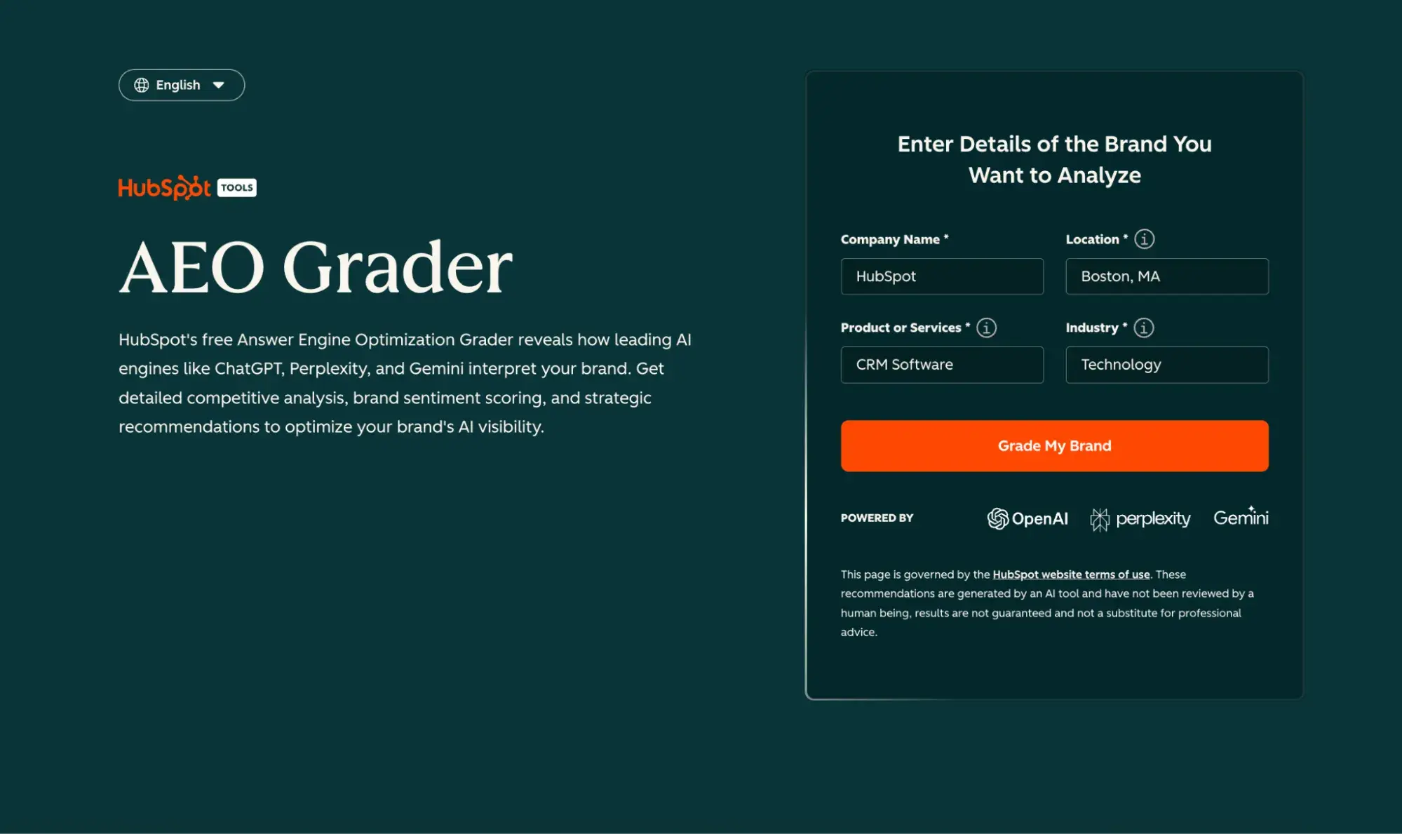 a screenshot of hubspot’s AEO grader tool