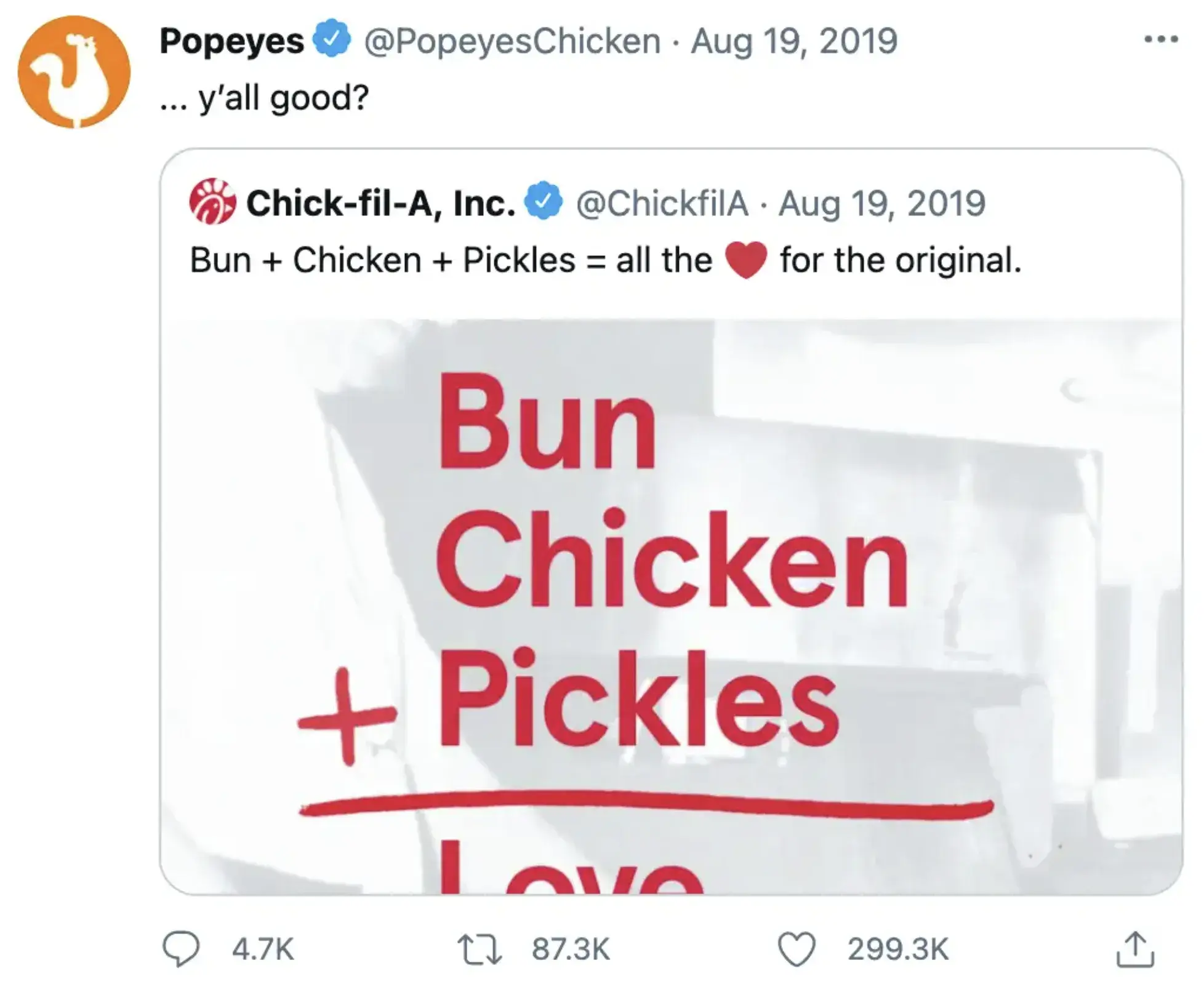 Snarky Popeye's X post directed toward Chick-fil-a