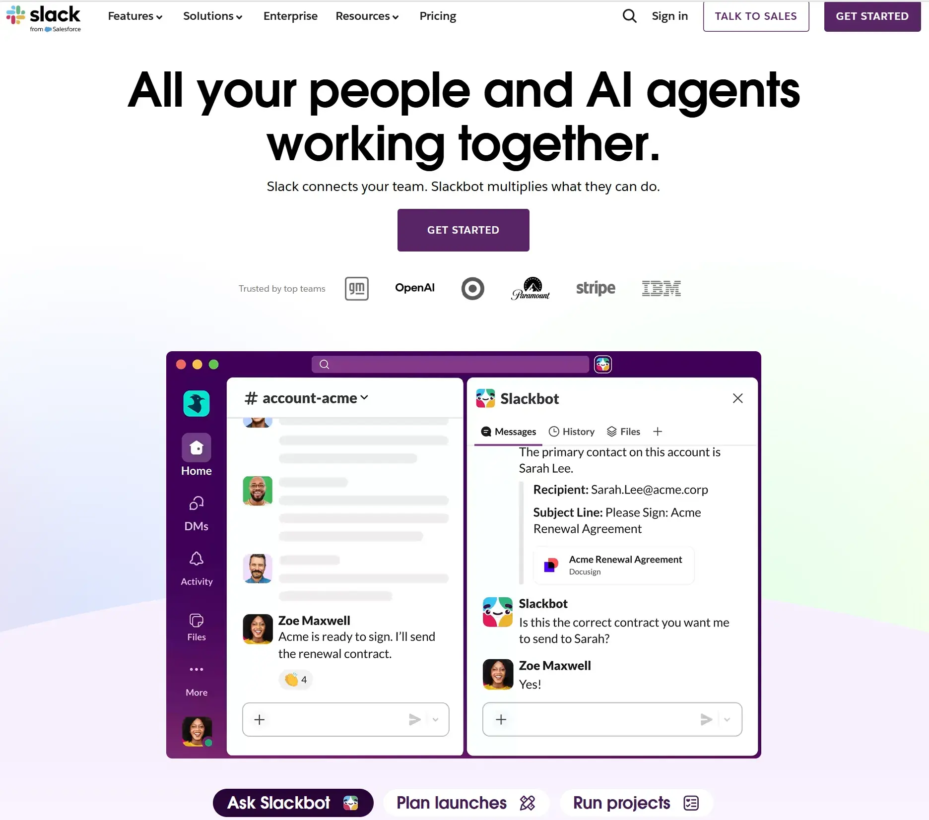 Slack interface showing team collaboration with Slackbot handling contract renewal tasks
