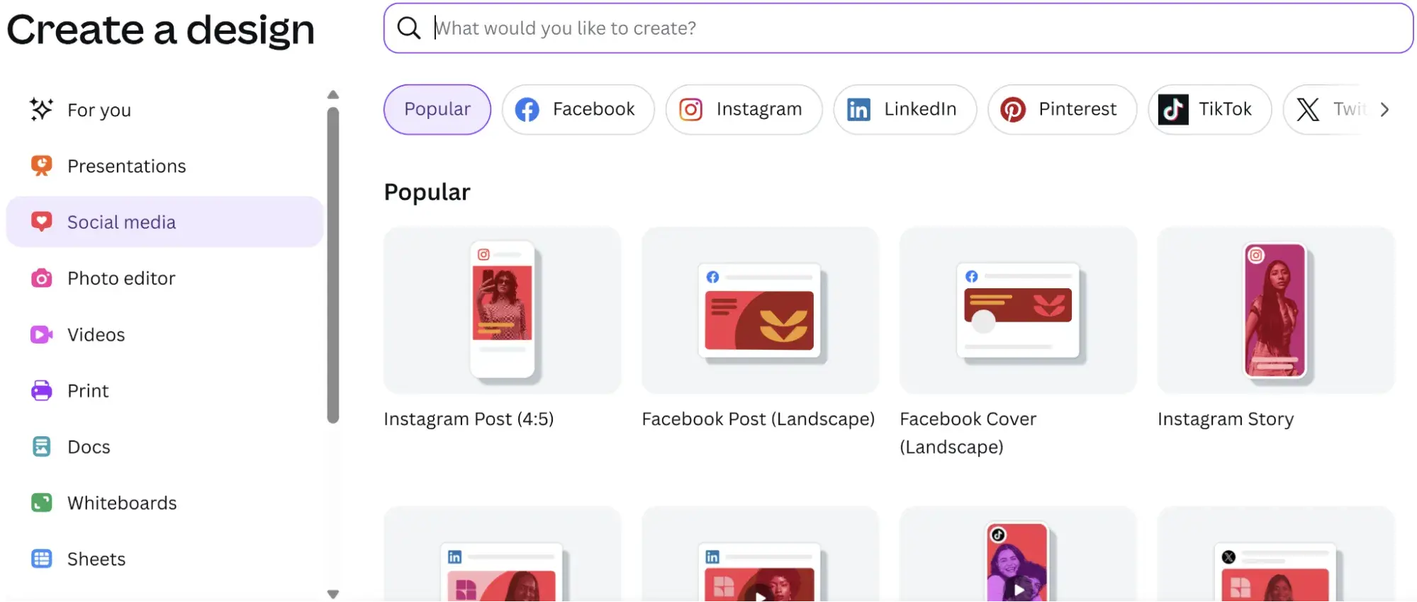 Canva design creation dashboard displaying social media template options across multiple platforms