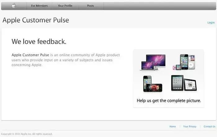 Apple Customer Pulse community website collecting market research methods and user feedback