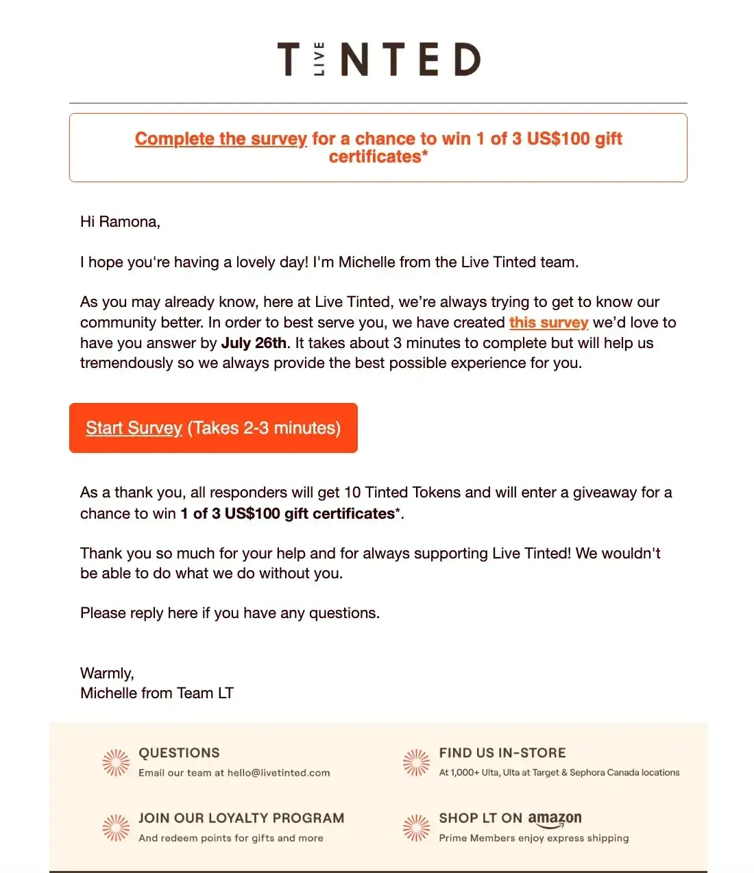 Live Tinted survey email using market research methods to gather customer insights