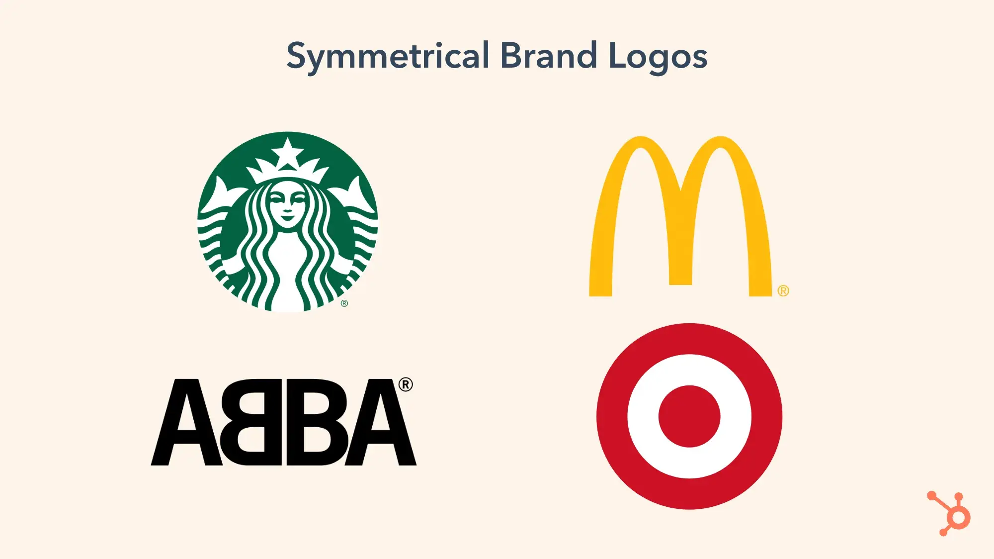 symmetrical brand logos. clockwise, left to right: starbucks logo, mcdonalds logo, target logo, abba logo.