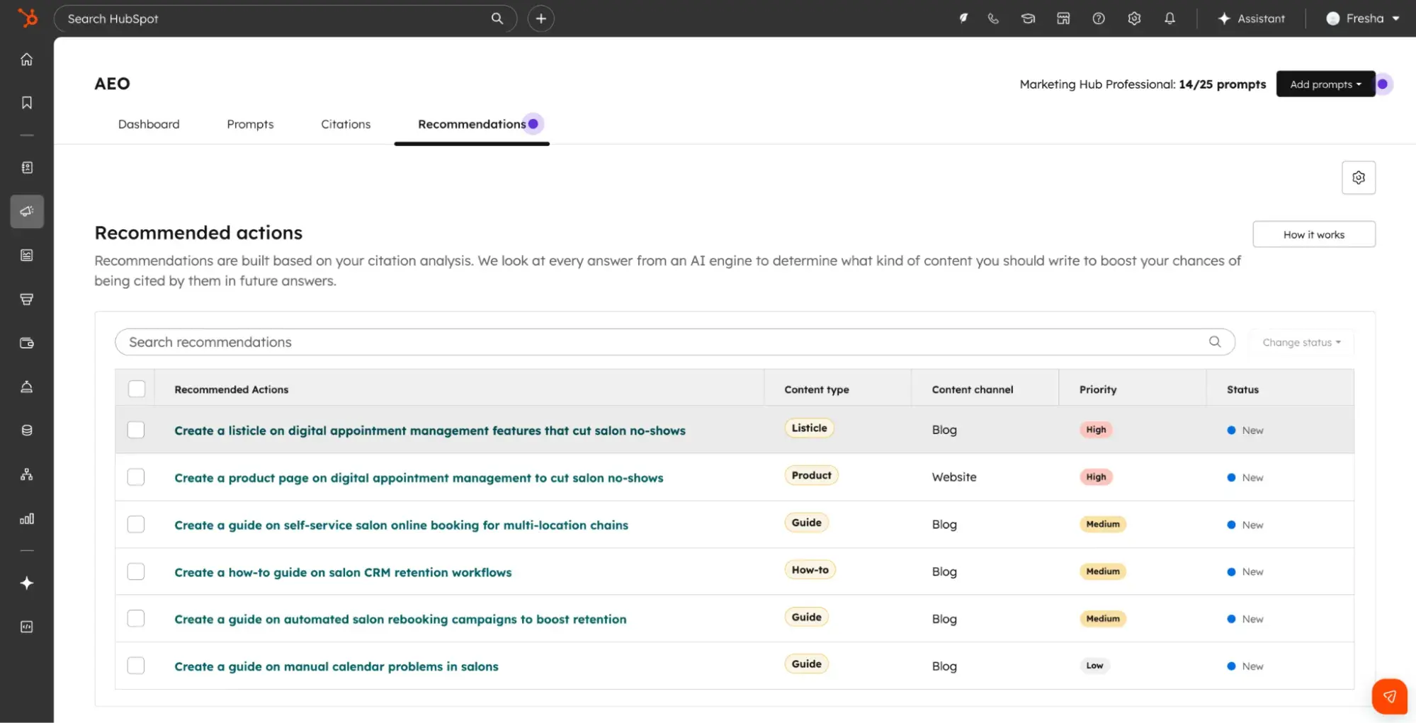 ºÚÁϳԹÏÍø AEO recommendations dashboard displaying suggested content topics and channels