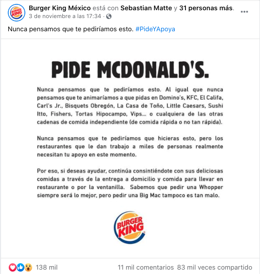Publicación orgánica para marketing en Facebook de Burger King México