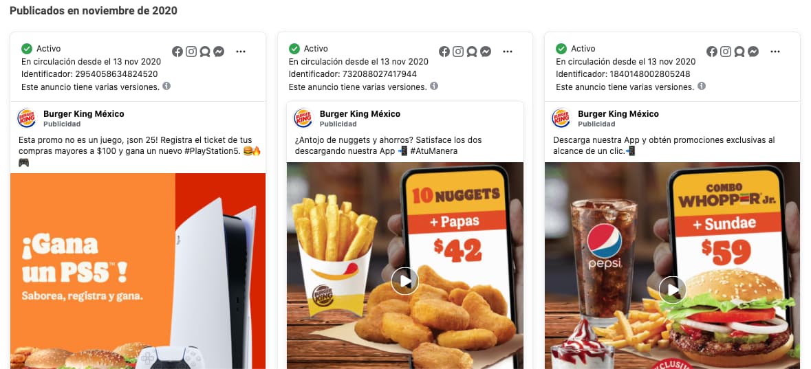 Publicaciones pagadas para marketing en Facebook de Burger King México