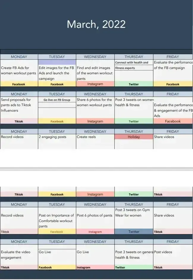 social calendar, media plan