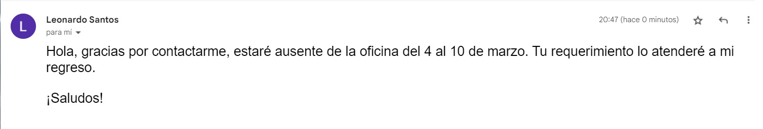 ejemplo de respuesta automática en Outlook