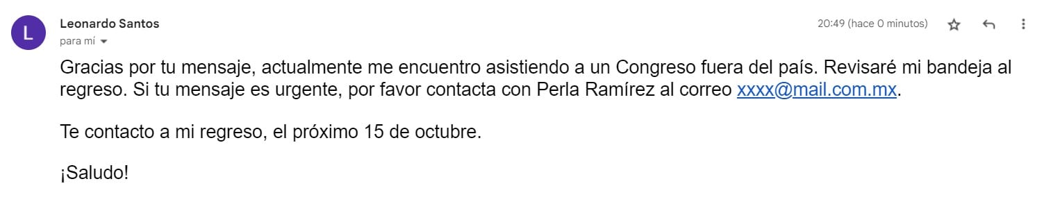 ejemplo de respuesta automática en Outlook