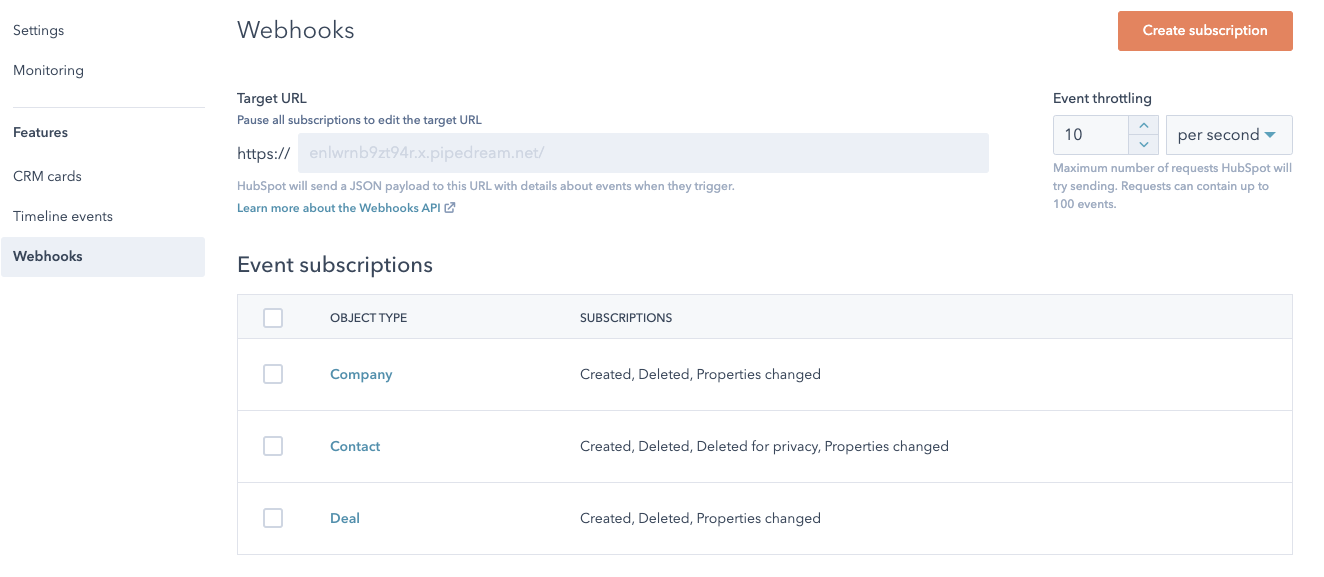API de Webhooks en HubSpot: suscripciones a eventos