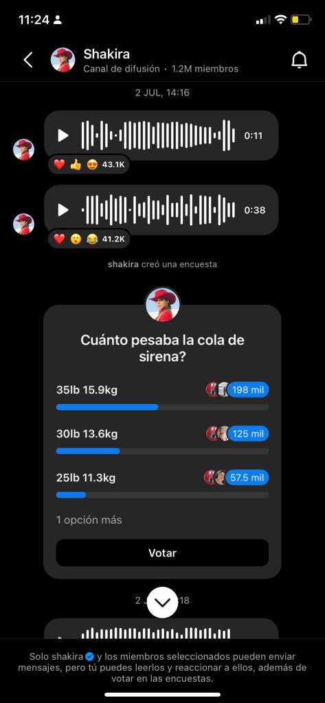 Ejemplos de canales de difusión de Instagram: Shakira