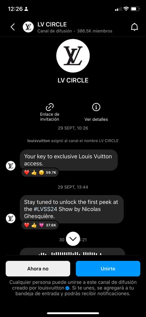 ejemplos de canales de difusión de Instagram: Louis Vuitton