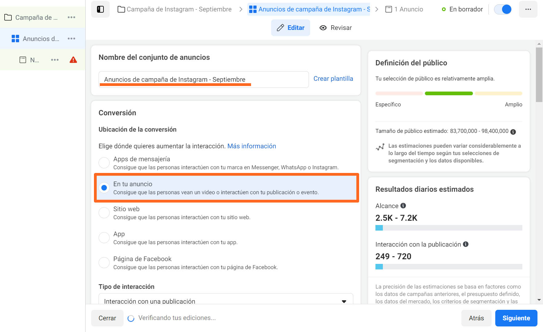 Cómo utilizar el administrador de anuncios de Instagram: nombra el conjunto de anuncios