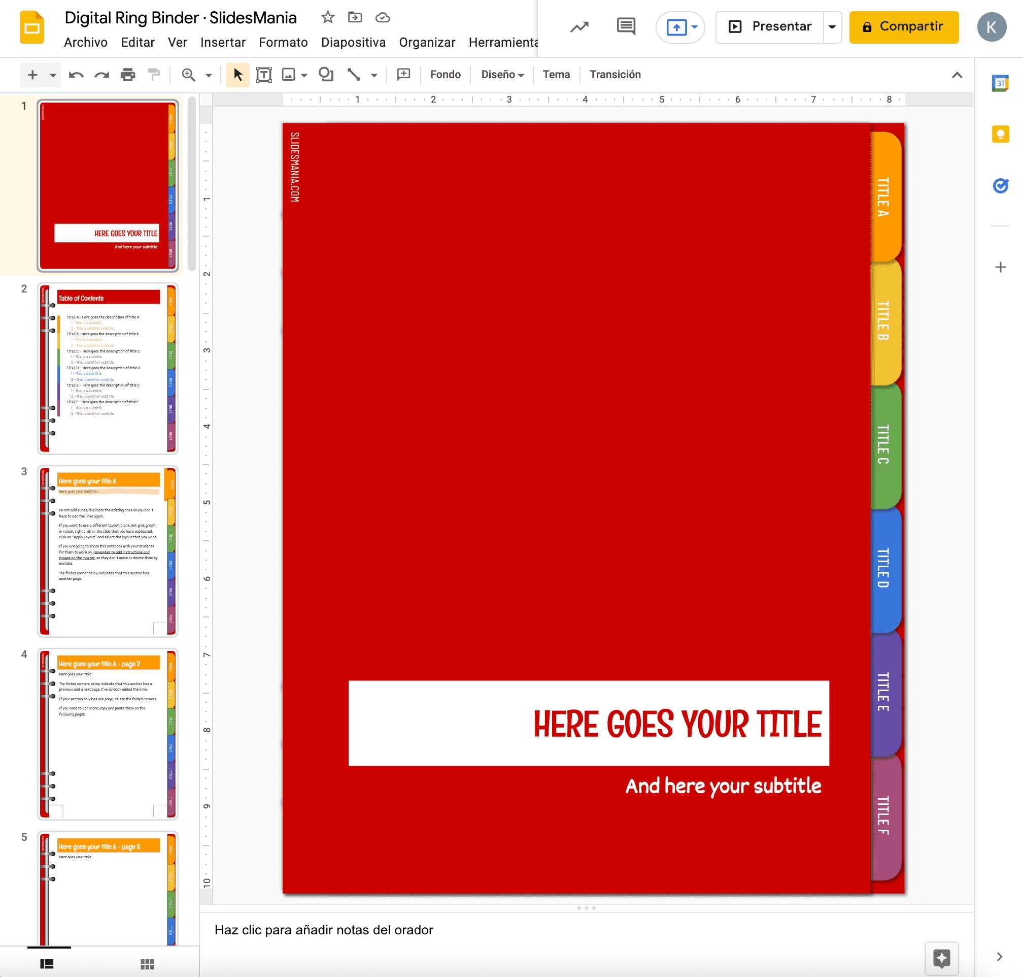 Plantilla de Google Slides gratis: Digital ring binder