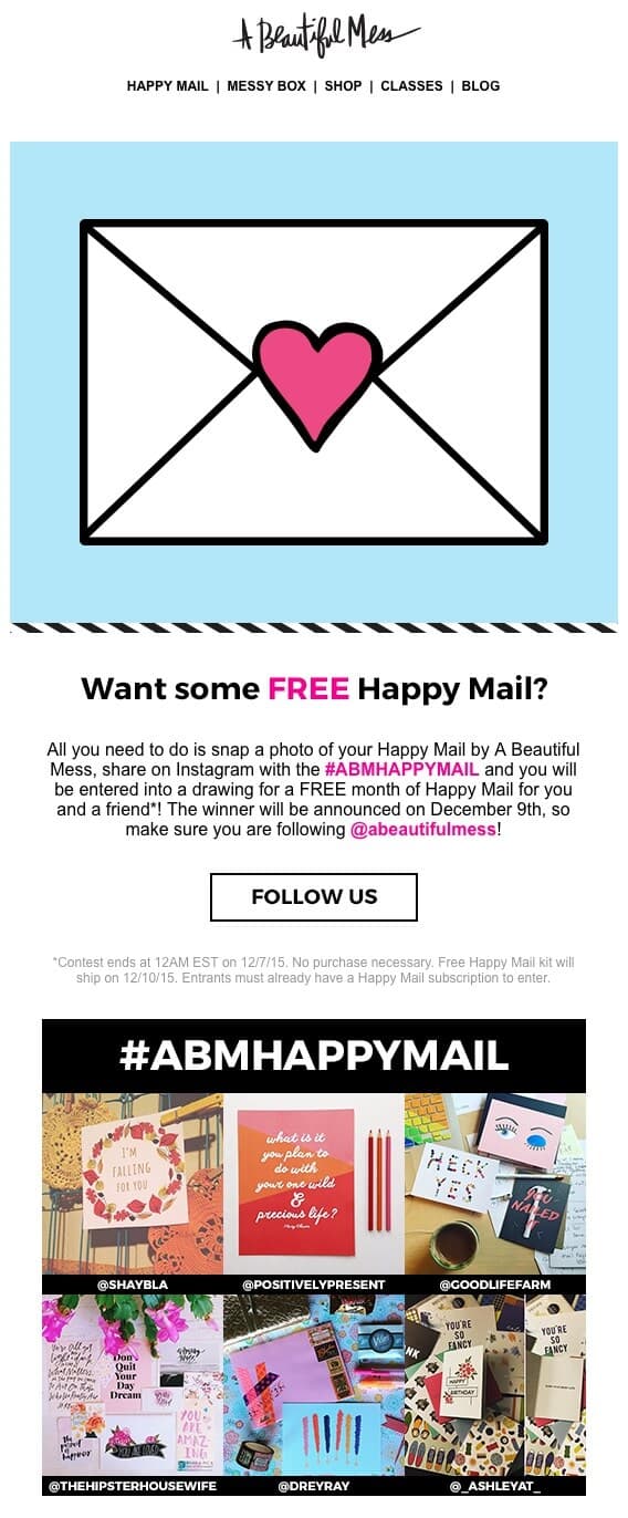 Ejemplo de mail promocional para concurso en Instagram: A Beautiful Mess