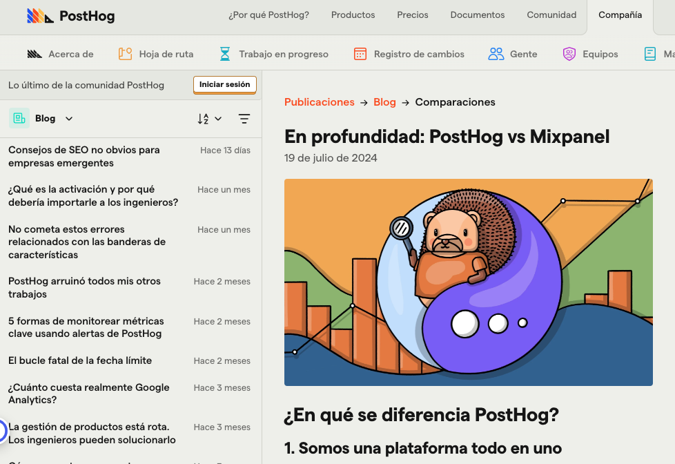 El blog de PostHog muestra un ejemplo de una publicación comparativa.