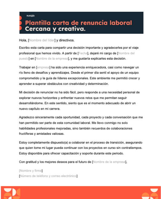 Ejemplo carta de renuncia Cercana y creativa, con plantilla gratuita de HubSpot