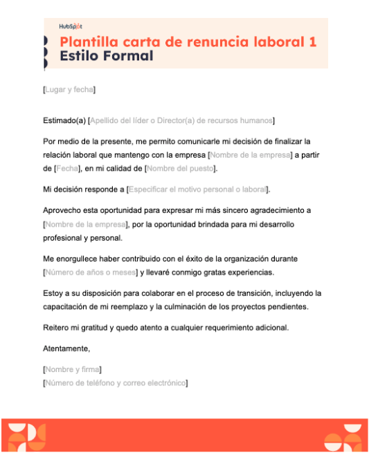 Ejemplo carta de renuncia formal, con plantilla gratuita de HubSpot