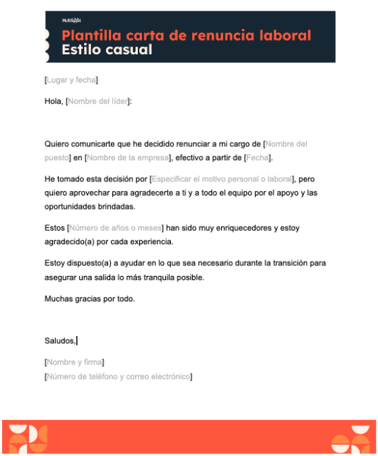 Ejemplo carta de renuncia Casual, con plantilla gratuita de HubSpot