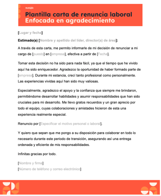 Ejemplo carta de renuncia de agradecimiento, con plantilla gratuita de HubSpot