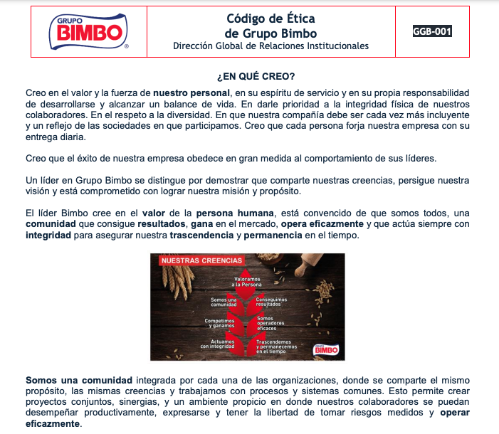 Ejemplo de código de ética empresarial de Grupo Bimbo