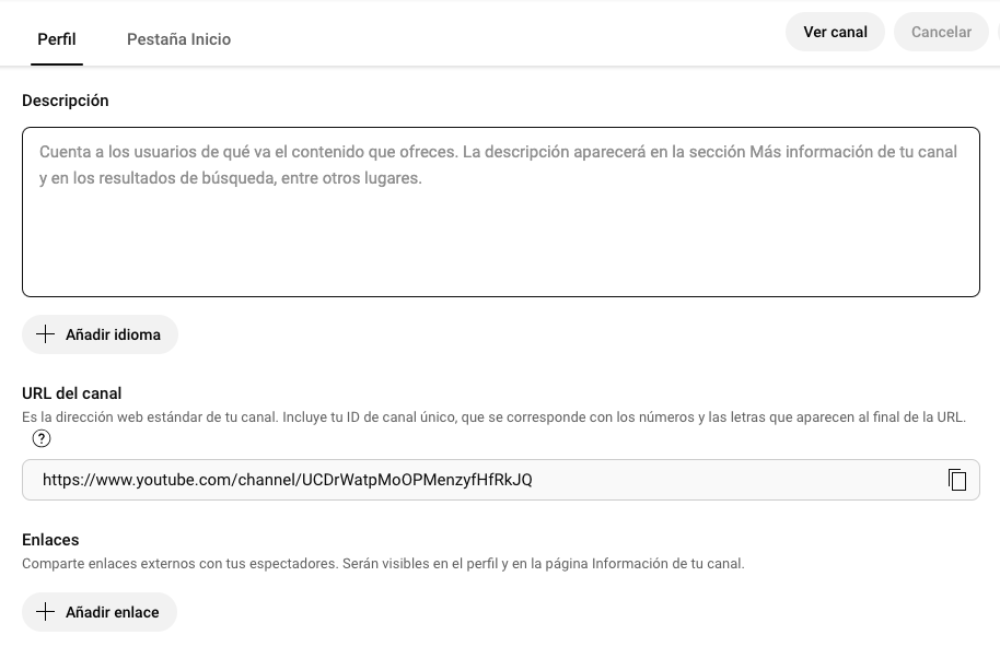 Agregar descripción a tu canal de Youtube