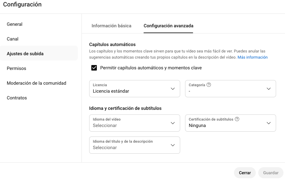 Ajustes de subida predeterminada de youtube