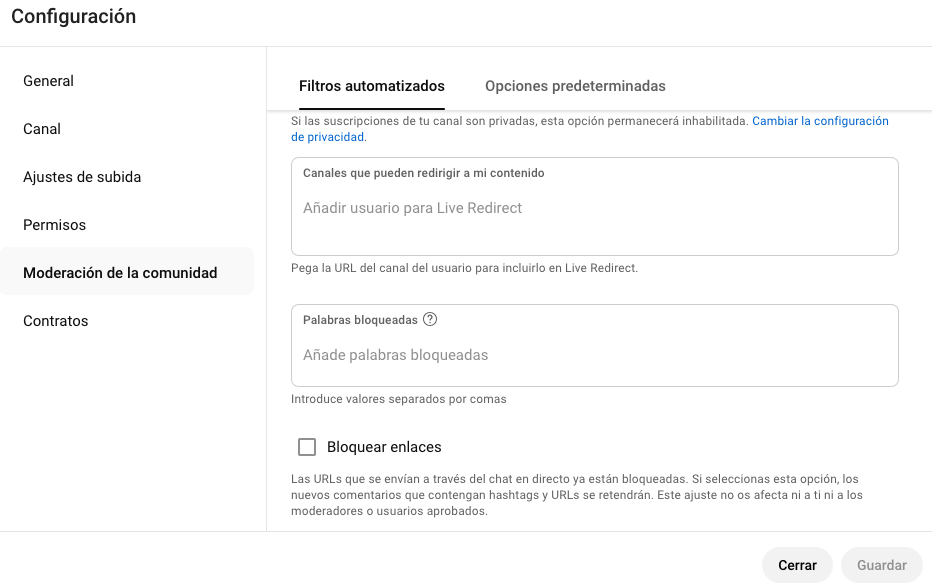 Moderación de la comunidad del canal de Youtube