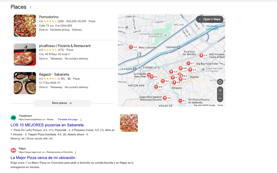 Ejemplo de vizualización de resultados en google, con seo local