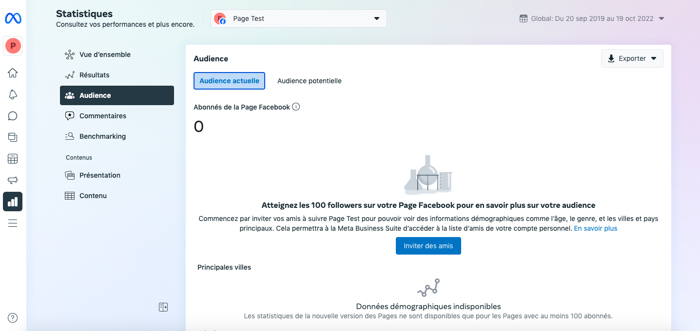 page des statistiques d'audience sur Meta Business Suite