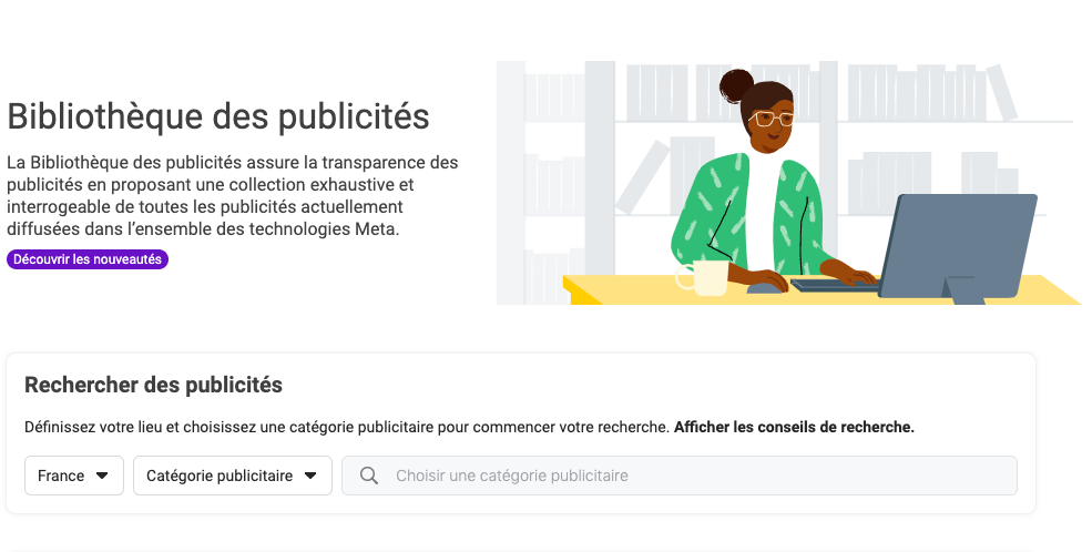 moteur de recherche de la Bibliothèque des publicités Meta