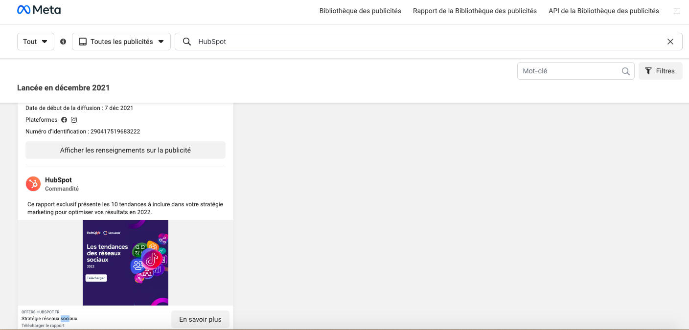 Exemple d'aperçu d'une publicité dans la bibliothèque publicitaire Facebook
