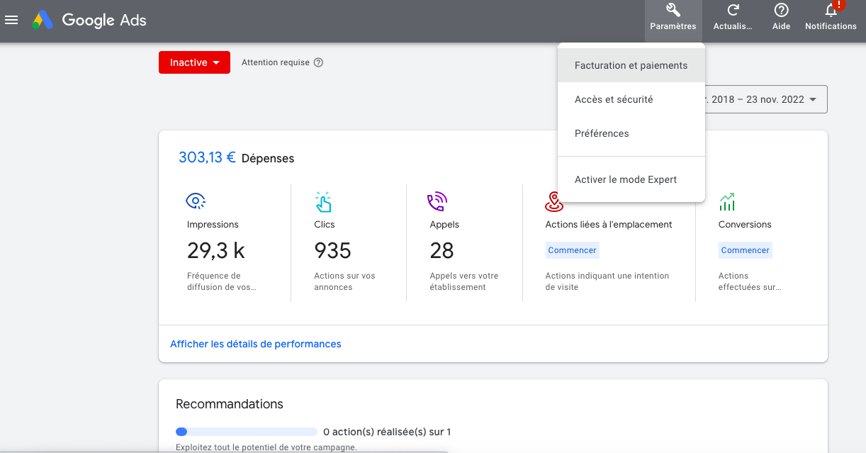 page de facturation Google Ads