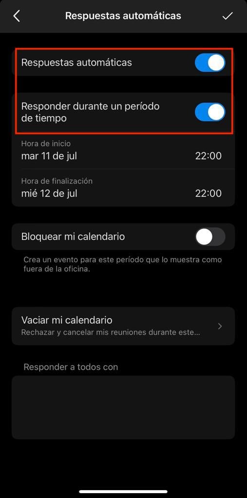 respuesta automática en Outlook en el celular