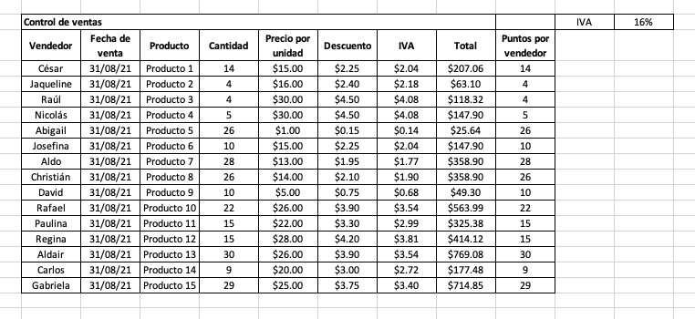 Control de ventas en Excel: ejemplo de llenado